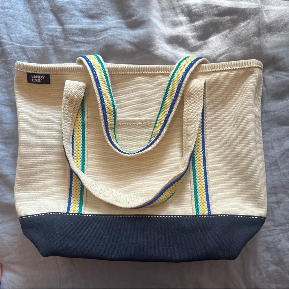Lands' End Canvas Tote with Navy Base and Striped Handles